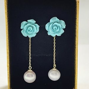 Authentic Freshwater pearl earrings thread stud blue rose